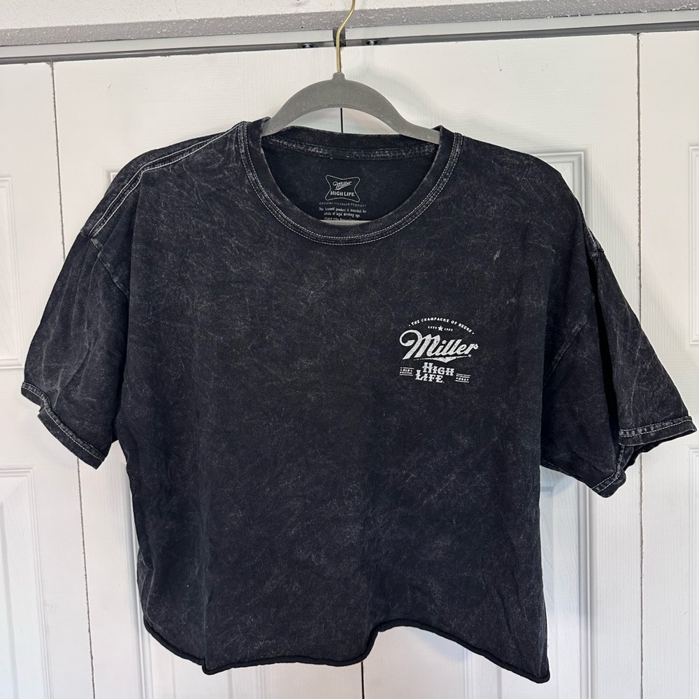 Black acid wash Miller High Life crop t shirt